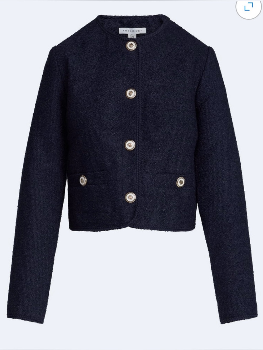 Free Assembly Womens L Navy Textured Nubby Collarless Gold Buttons Crop Jacket